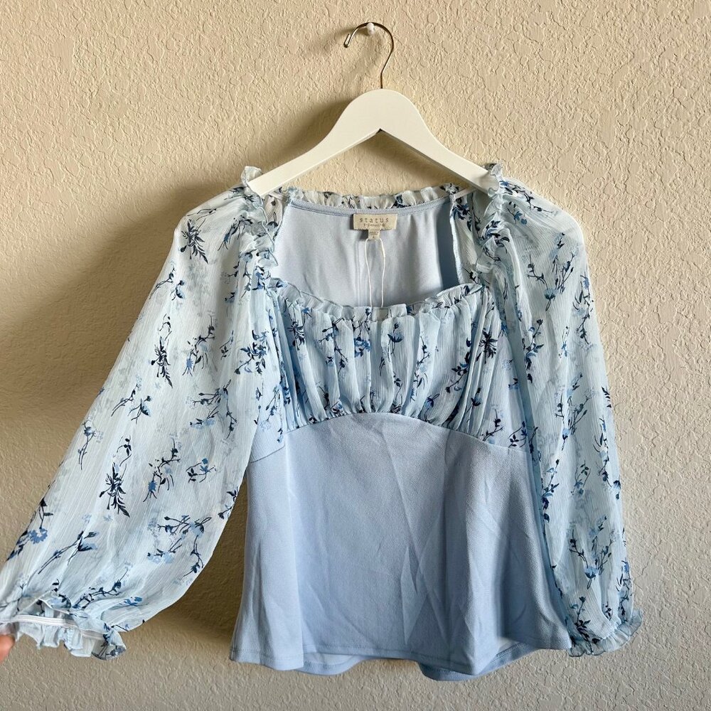 Status By Chenault Light Blue Blouse Sheer Sleeve Size L